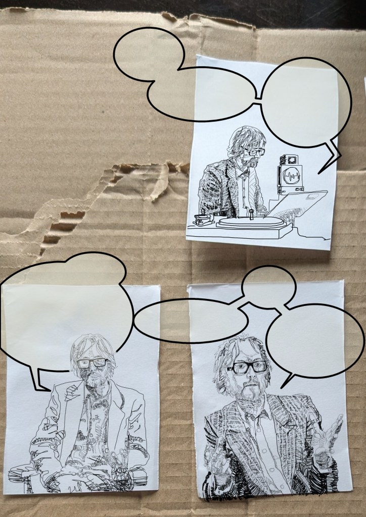 grungy muti-page talking head, being rendered in increasingly simple style, reflecting the disintegration of the message he is trying to convey